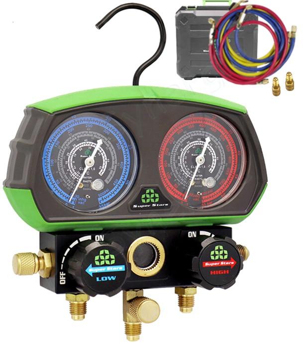 Manifold Bypass 2 Voies corps alu R32 R410A R407C R134A + trois flexibles avec vanne coupure 1/4'' et 5/16''