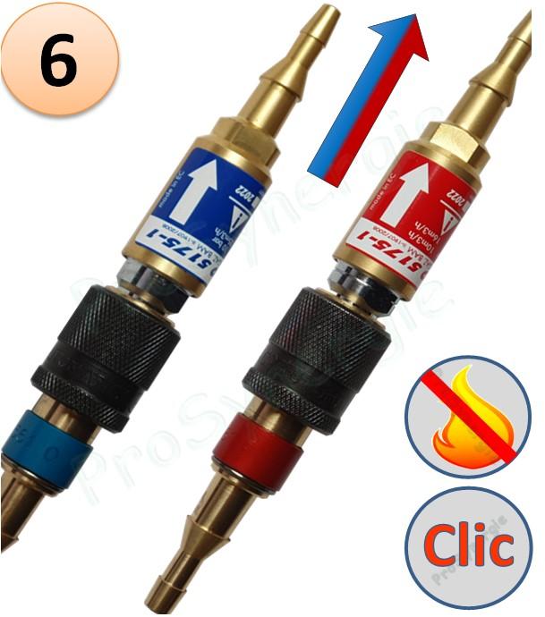 Raccord anti-retour pare flamme SafeGuard 2 + Raccord rapide Stoptac - Montage Tuyau - Paire Oxygène + Gaz combustible - Entrée Tuyau 6-10 - Sortie Tuyau 6-10