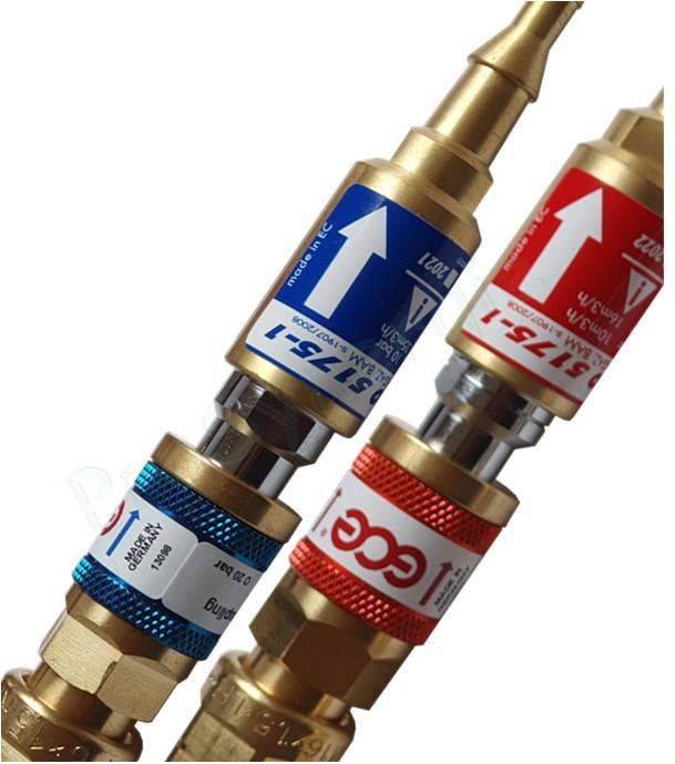 Exemple de montage de tuyaux, raccords rapides et clapets de sécurité pour chalumeaux