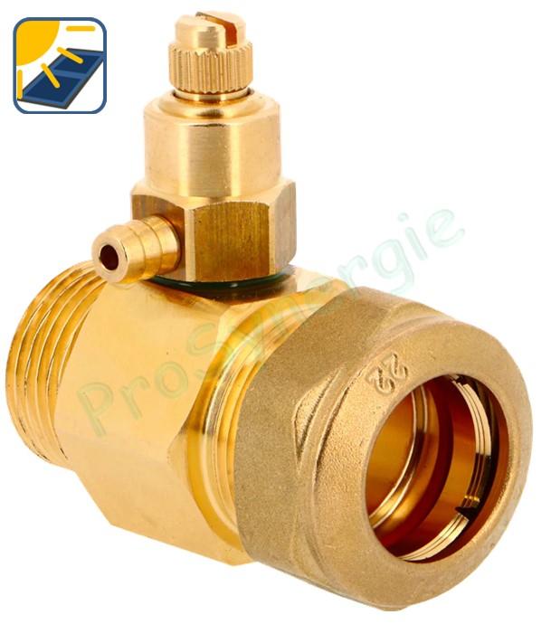 Raccord avec purge manuelle 3/4  M pour tube cuivre recuit ou écroui, laiton, acier doux et inox Ø 22 mm pour installation solaire