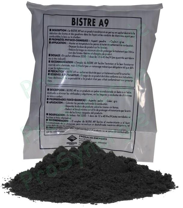 Bistre A9 - Dose (sachet) de 450 grammes poudres ramonage chimique curatif et préventif (réduction des bistres et goudrons par modification de son état : solide -> friable)