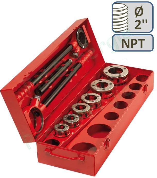 Coffret de filière manuelle 2 cages 1 cliquet + bras - Tête NPT Ø 1/2-3/4-1-1.1/4-1.1/2-2´´ (coffret métal 670 x 230 x 150 mm)