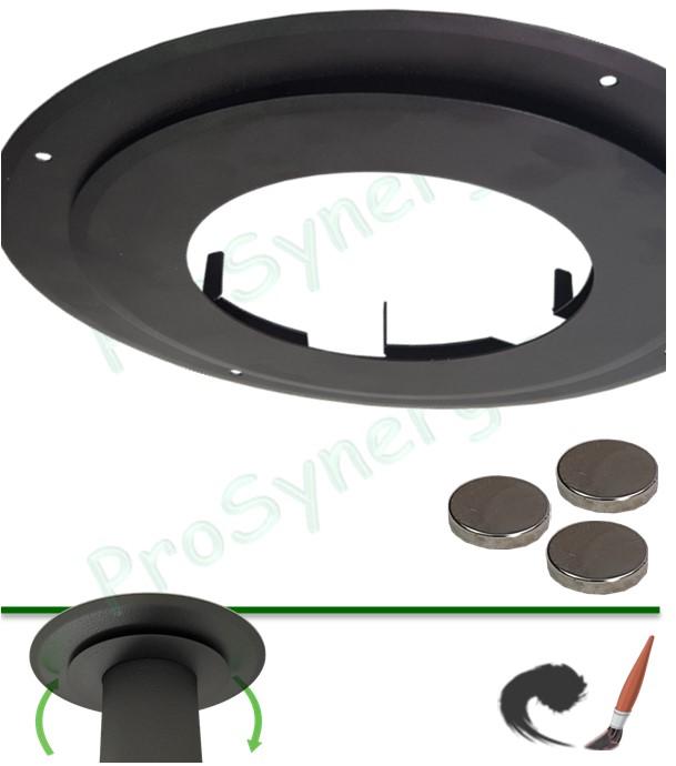 Rosace de finition double ventillée (plaque de propreté ronde mur ou plafond) inox laqué noire RAL9005 pour conduit de fumée Ø 80 à 200 mm