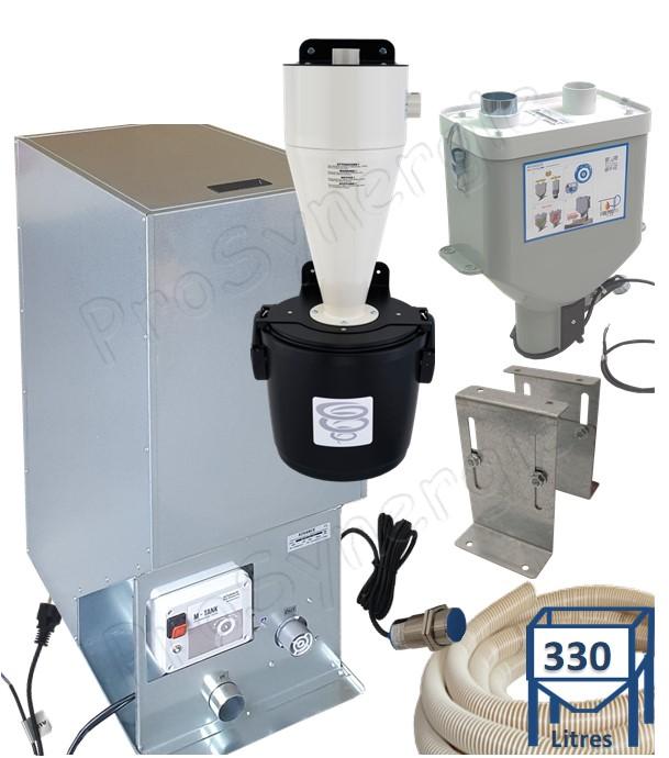 Kit Pod Efficience - Transfert pneumatique (granulé / pellet) Silo galva 330 litres buse captage motorisée & contrôleur, 10m tuyau d'aspiration + doseur, pattes fixation & collecteur syclonique poussière