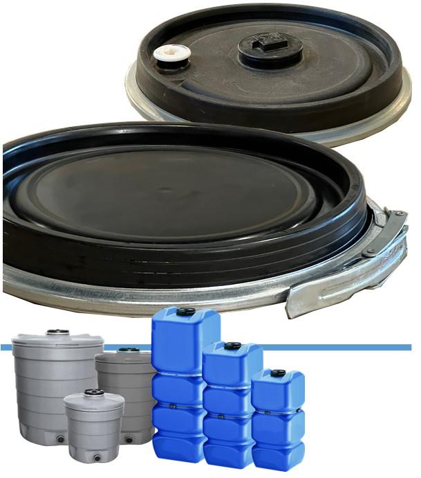 Couvercle noir Ø250 avec piquage FØ2'' et 3/4'' + bride de cerclage pour cuves Schütz Type Aquatonne ou Aquablock (600 et 1000 litres)