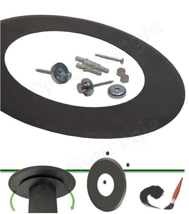 Rosace de finition inox laqué noire RAL9005 (mur ou plafond) pour conduit de fumée Ø 80 à 200 mm avec 3 pattes fixation aimantées