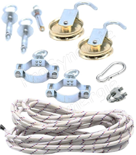 Kit d´ancrage plafond et de levage pour buse d´extraction motorisée ´´Spider´´ (6m corde de traction, 2 poulies, colliers d´ancrage, mousqueton et visserie)