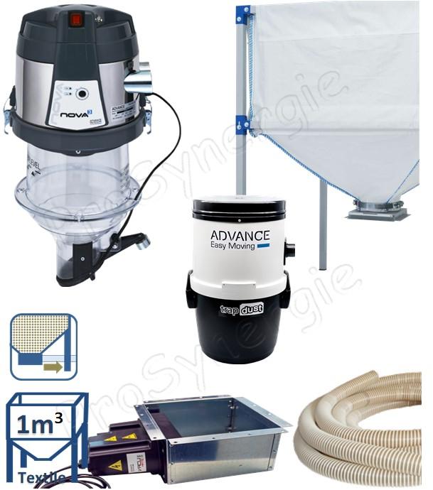 Kit automatique ''Nova Pack Eco'' transfert de granulés à partir du bas d´un silo de stockage textile (1m³) avec une cassette à débourrage + registre, vers le remplissage d´un poêle/chaudière avec un doseur aspirateur et d'un module filrant