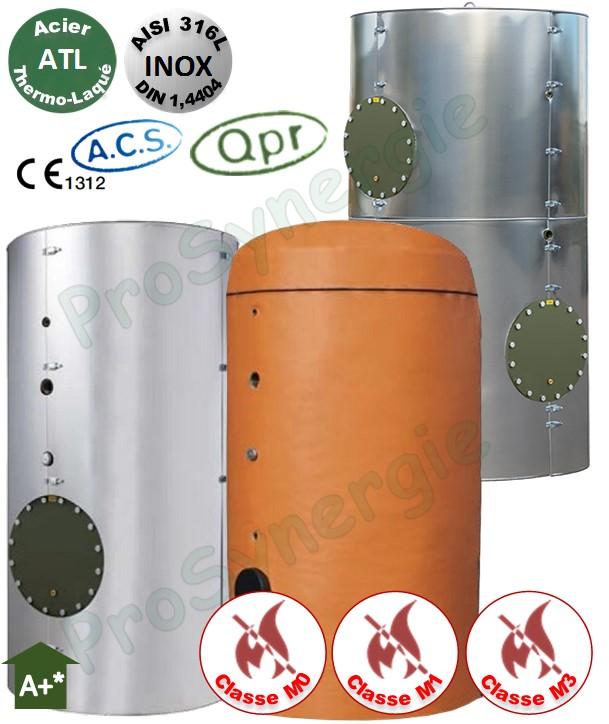 Ballon +Eco Tampon ECS 1000 Litres Vertical sur pieds ATL T<85°C -1 trous d´homme DN 400 Isolant Classe M3 ép.100mm - HxØ=2375x1000mm