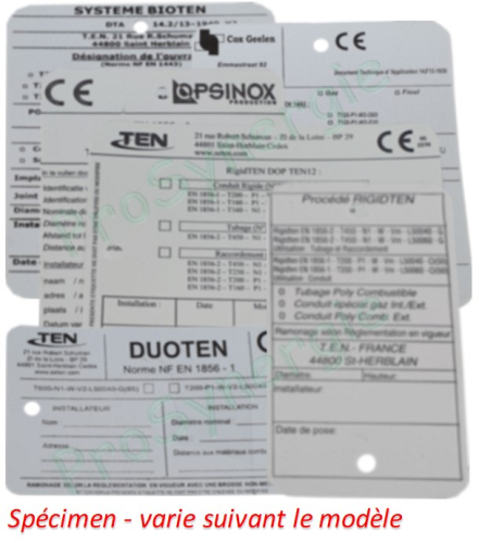 Plaque signalétique pour mise en conformité (produit et installation suivant DTU 24.1) Pour tubage TEN INOX / TENLISS / SUPER TENLISS - Installation obligatoire en pied de conduit de fumée