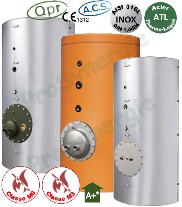 Ballon +Eco Tampon ECS 1000 Litres Vertical sur pieds ATL T<85°C -1 trous d´homme DN 400 Isolant Classe M0 ép.100mm - HxØ=2375x1000mm + Réchauffeur tubulaire 25KW (90/70°C -> 10/60°C)