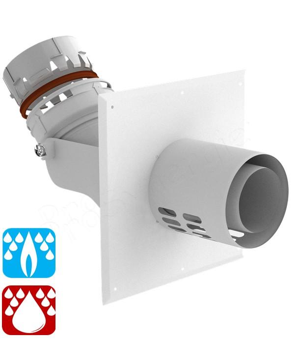 Plaque murale B22p-B23p (prise d'air dans le logement) pour conduit PP flexible Ø  80 mm vers conduit concentrique Ø int/ext 60/100 mm coudé 45°