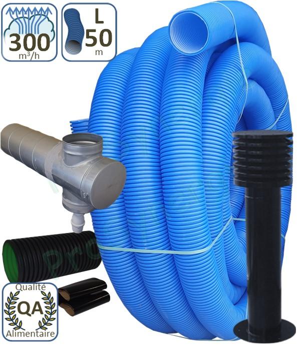 Kit puits canadien Performance 300m3/ h (géothermie air), échangeur 50 mètres, prise d´air élégance, traversée dalle ou mur et adaptateur récupérateur de condensat