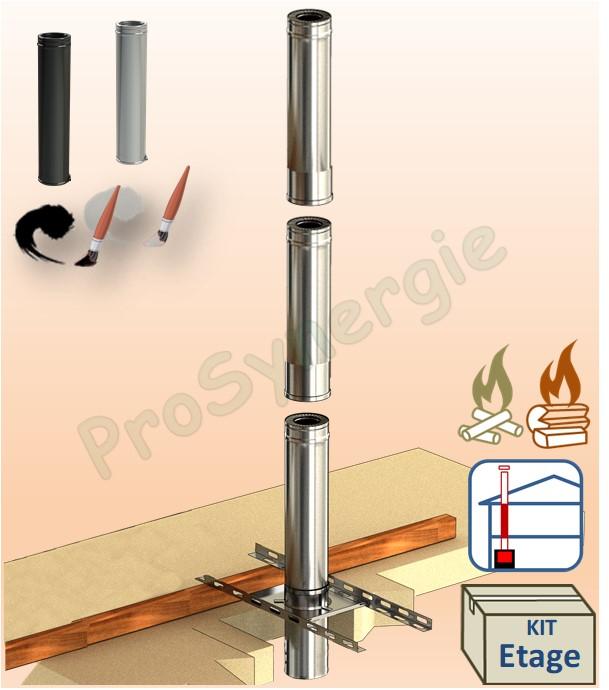 Kit Etage conduit cheminée intérieur Duoten (Isolé 25 mm), Ø 80 à 250 mm, Noir ou Inox, Hauteur utile 285 cm