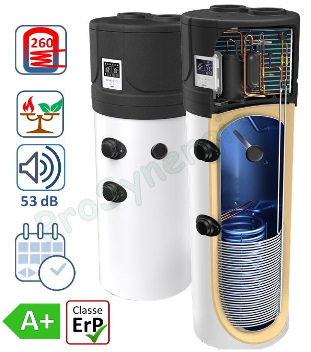 Ballon thermodynamique Aqua Thermica 260 litres ØxH= 630x2055 mm isolation PU rigide 50mm classe A+ avec échangeur (chauffage ou solaire) surface 1,2 m² et résistance élec. 1500 W