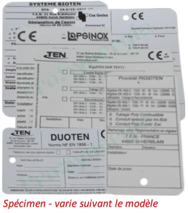 Plaque signalétique pour mise en conformité (produit et installation suivant DTU 24.1) Pour conduit ou tubage RigidTEN - Installation obligatoire en pied de conduit de fumée