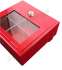 Coffret sous verre dormant acier laqué rouge (LxHxP= 155x165x60mm), porte vitre plexiglass + barillet H520, clefs + marteau, étiquette et poignée de commande avec visserie